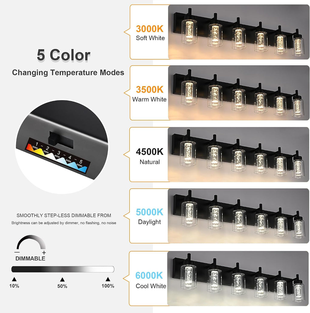 LED Bathroom Vanity Light Fixtures, 6 Light Indoor Wall Sconces Lighting with Clear Glass Shade and Crystal Bulb Black Lights for Mirror, Kitchen, Living Room, Gallery(LED Bulbs Included)