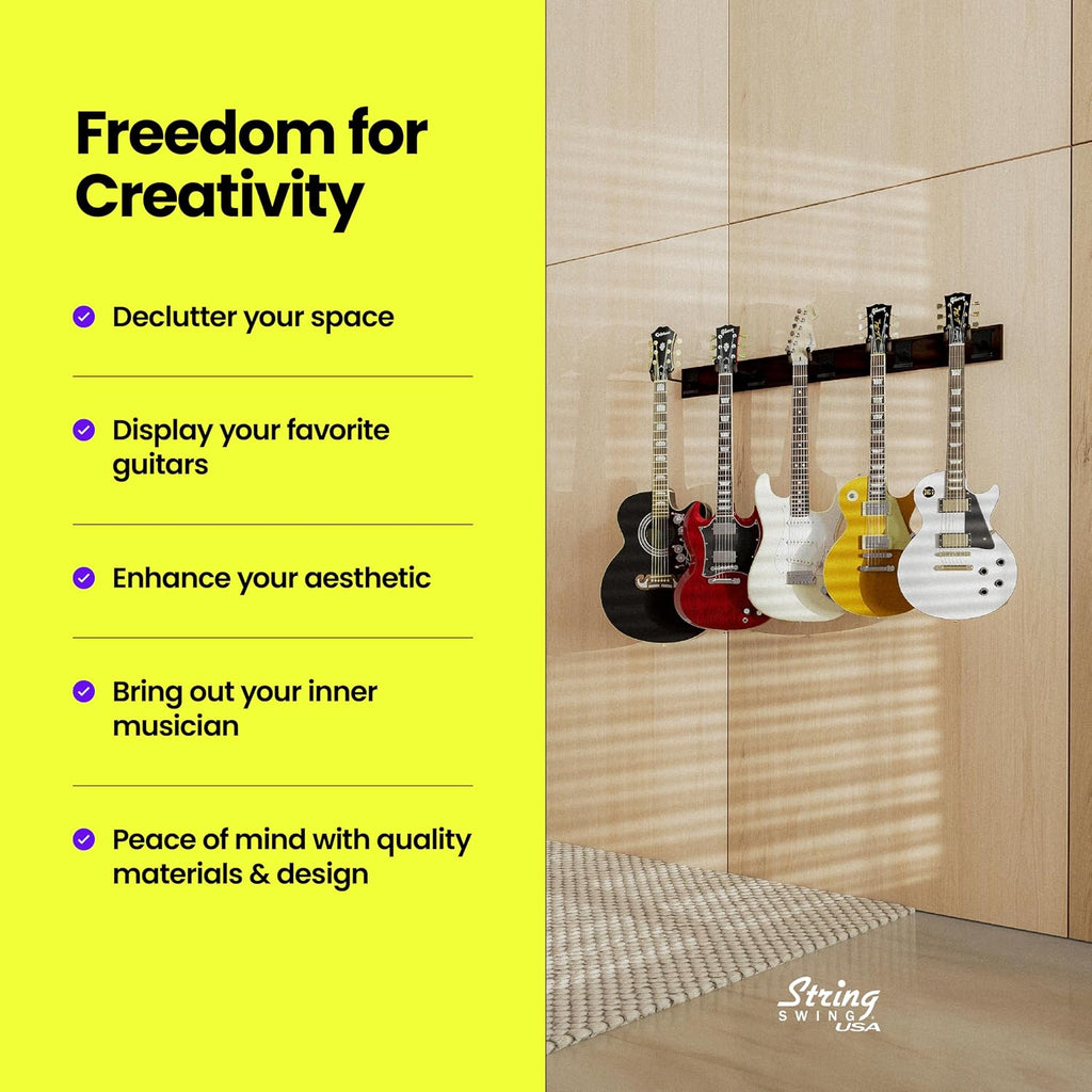 String Swing Guitar Wall Rack - Multiple Guitar Wall Mount - Guitar Organizer for Acoustic & Electric Guitars - 5 Padded Arm Hangers & Copper Slatwall Rail - Wall Mount Guitar Rack - MADE IN USA