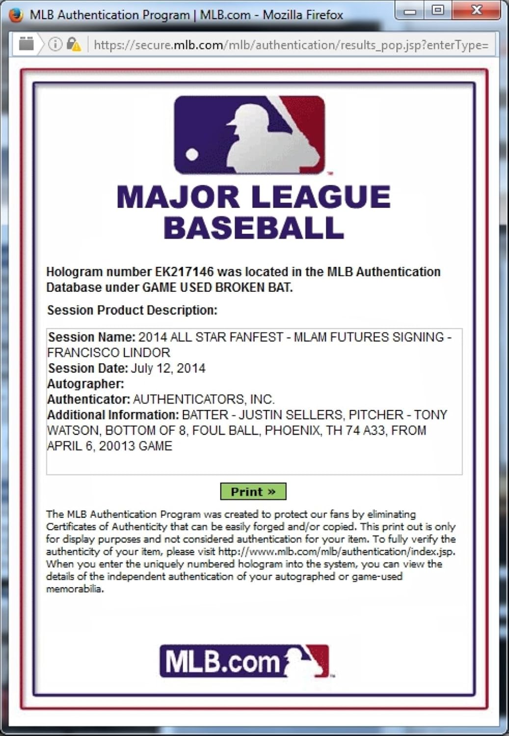 Justin Sellers Official Major League Game Used Baseball Bat All Star Fanfest MLB