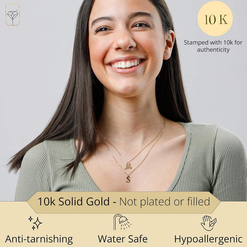 MAX + STONE 10k Solid White or Yellow Gold Dainty Script Initial Extendable Necklace, 16+2 inches