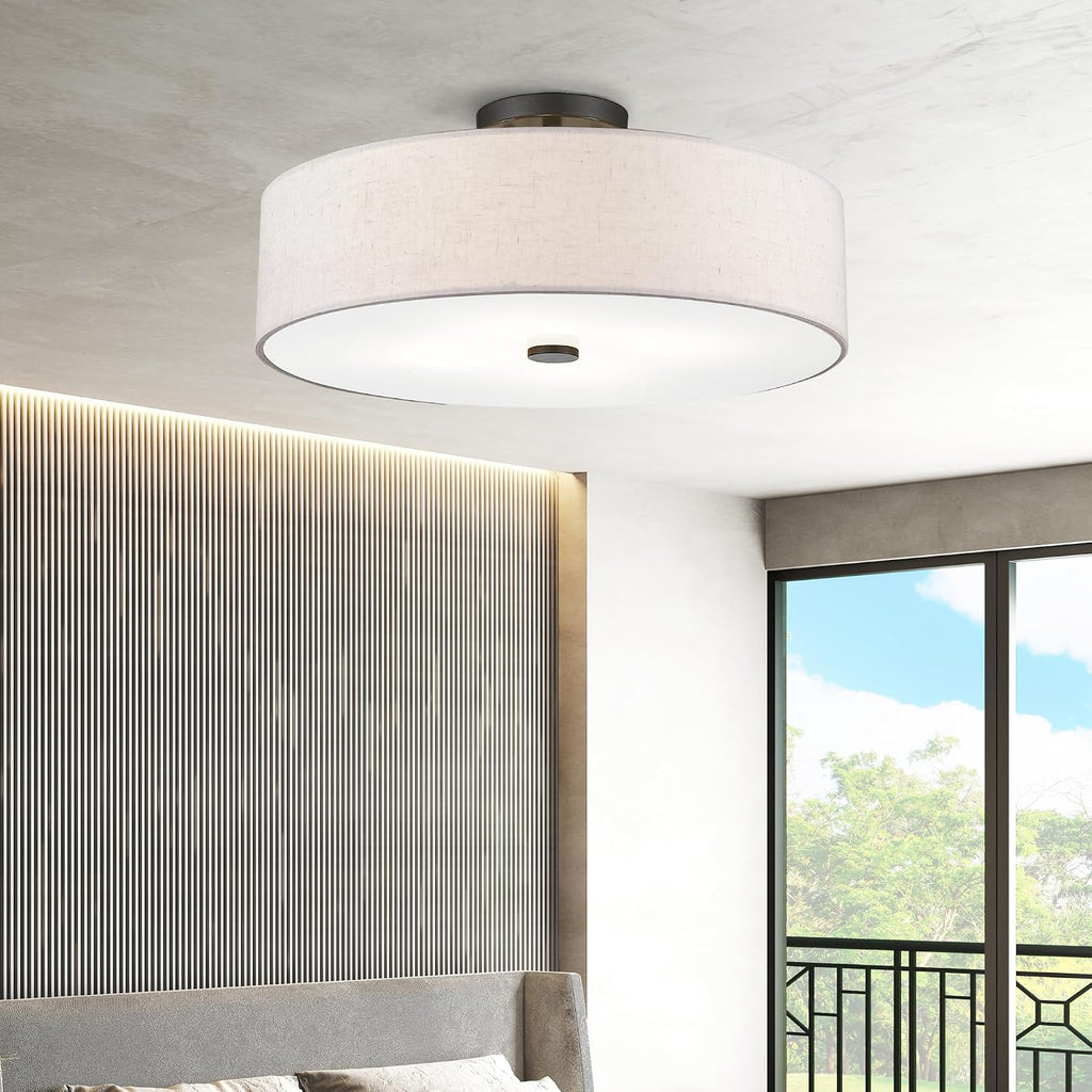 Livex Lighting 52136-92 Meridian Collection 4-Light Transitional Ceiling Mount Fixture with Oatmeal Color Fabric Hardback Shade, English Bronze
