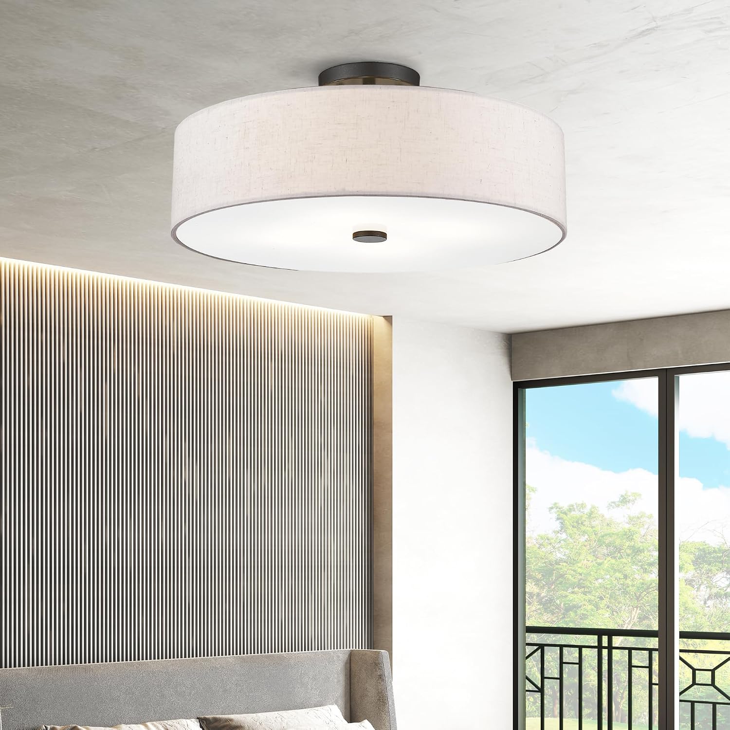 Livex Lighting 52136-92 Meridian Collection 4-Light Transitional Ceiling Mount Fixture with Oatmeal Color Fabric Hardback Shade, English Bronze