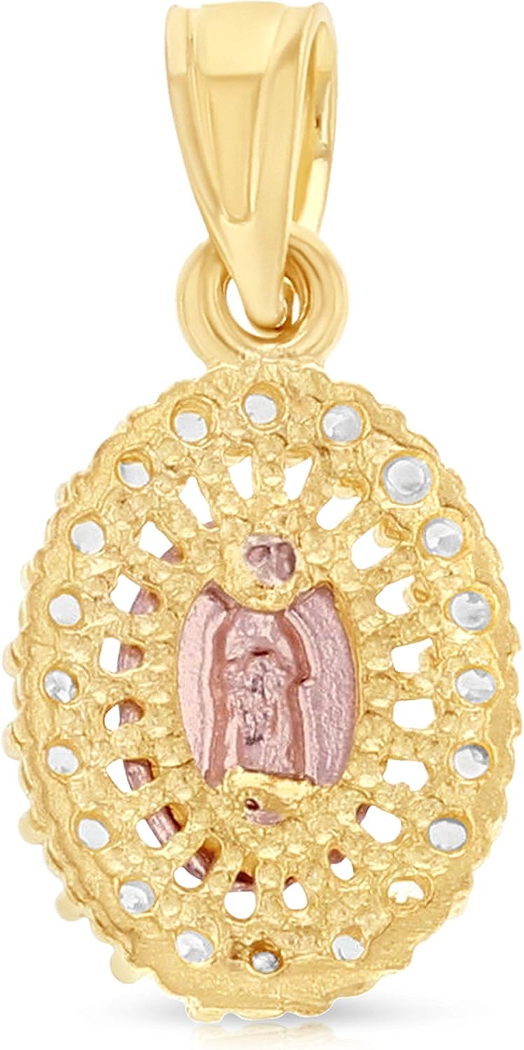 Ioka 14K Yellow Gold Our Lady of Guadalupe Cubic Zirconia CZ Charm Pendant with 1.5mm Valentino Chain Necklace