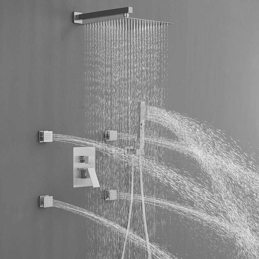 RUMOSE Rainfall Shower System with 4 Body Jets Wall Mounted 4 Mode Shower Faucet Set with 12 Inch Rain Shower Head and 2 in 1 Handheld Spray, Brushed Nickel Brass Shower Fixtures, Rough-in Valve