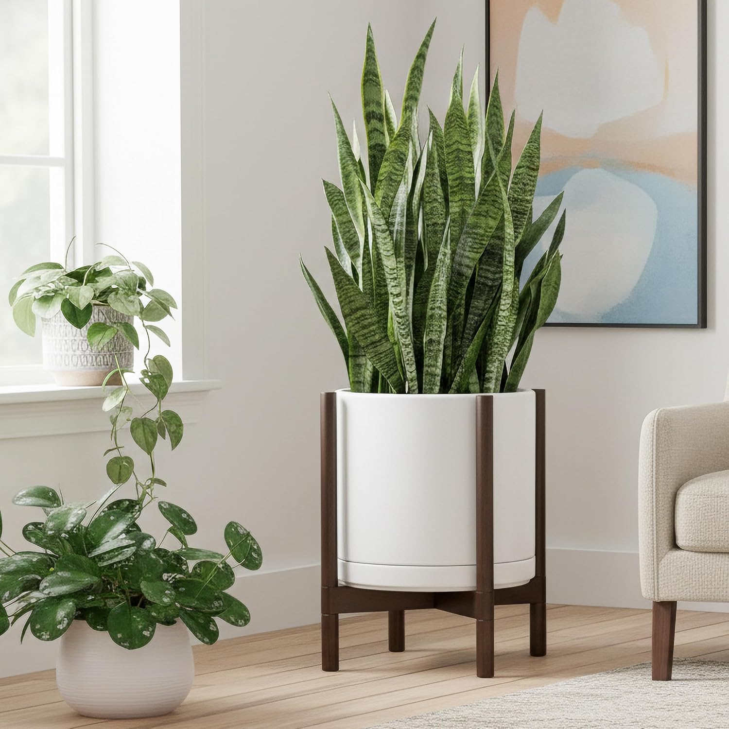 D'vine Dev Ceramic Planter with Walnut Color Stand - 14 Inch Modern Round Flower Pot with Wood Planter Holder, White, 55-B-T-1