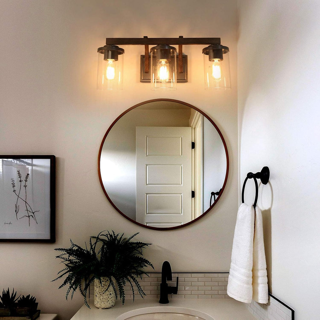 LALUZ Bathroom Vanity Light Fixtures, 3-Light Farmhouse Vanity Light with Clear Glass Shades, Faux Wood, 20'' L x 6.3'' W x 8.7'' H