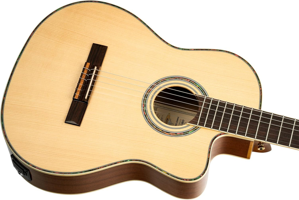 Ortega Guitars 6 String Family Series Pro Solid Top Acoustic-Electric Nylon Classical Guitar w/Bag, Right, Full (RCE141NT)