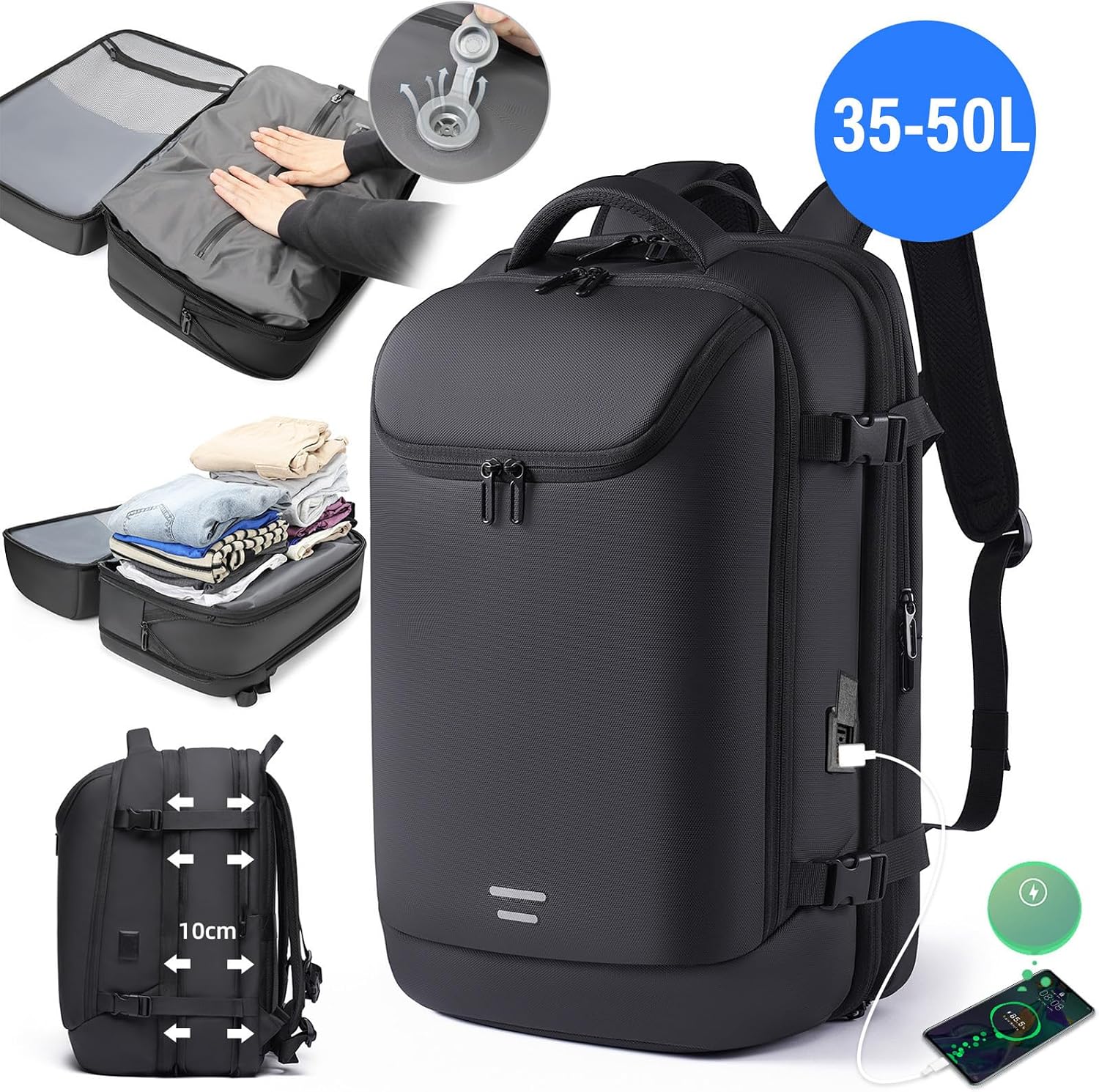 Yoidesu Vacuum Backpack, 35-50L Expandable Vacuum Compression Bag with Pump Vacpack Backpack with USB Charging, Space Saver Bags for Travel Camping