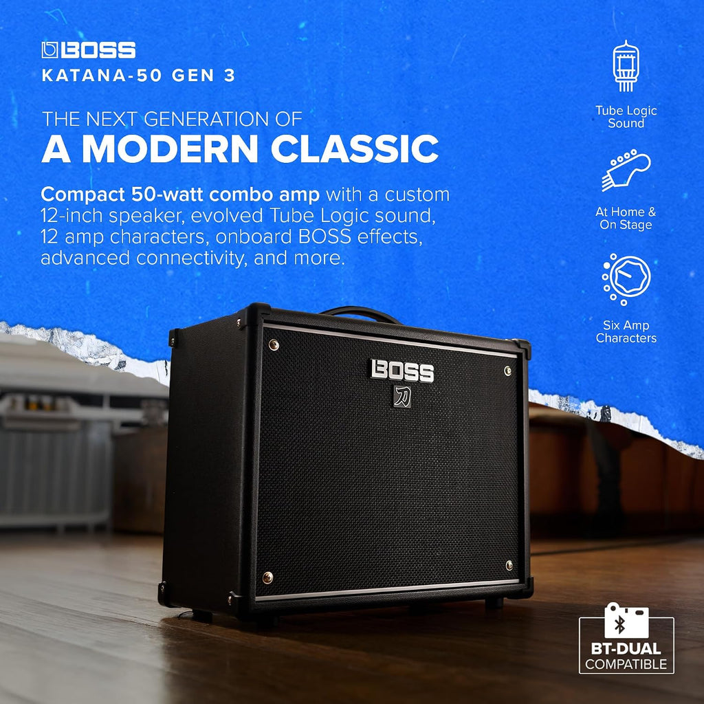 BOSS Katana-50 Gen 3 Guitar Amplifier | Compact 50-Watt Combo Amp | Custom 12-Inch Speaker | Evolved Tube Logic Sound | 12 Amp Characters | Onboard BOSS Effects | Advanced Connectivity & More
