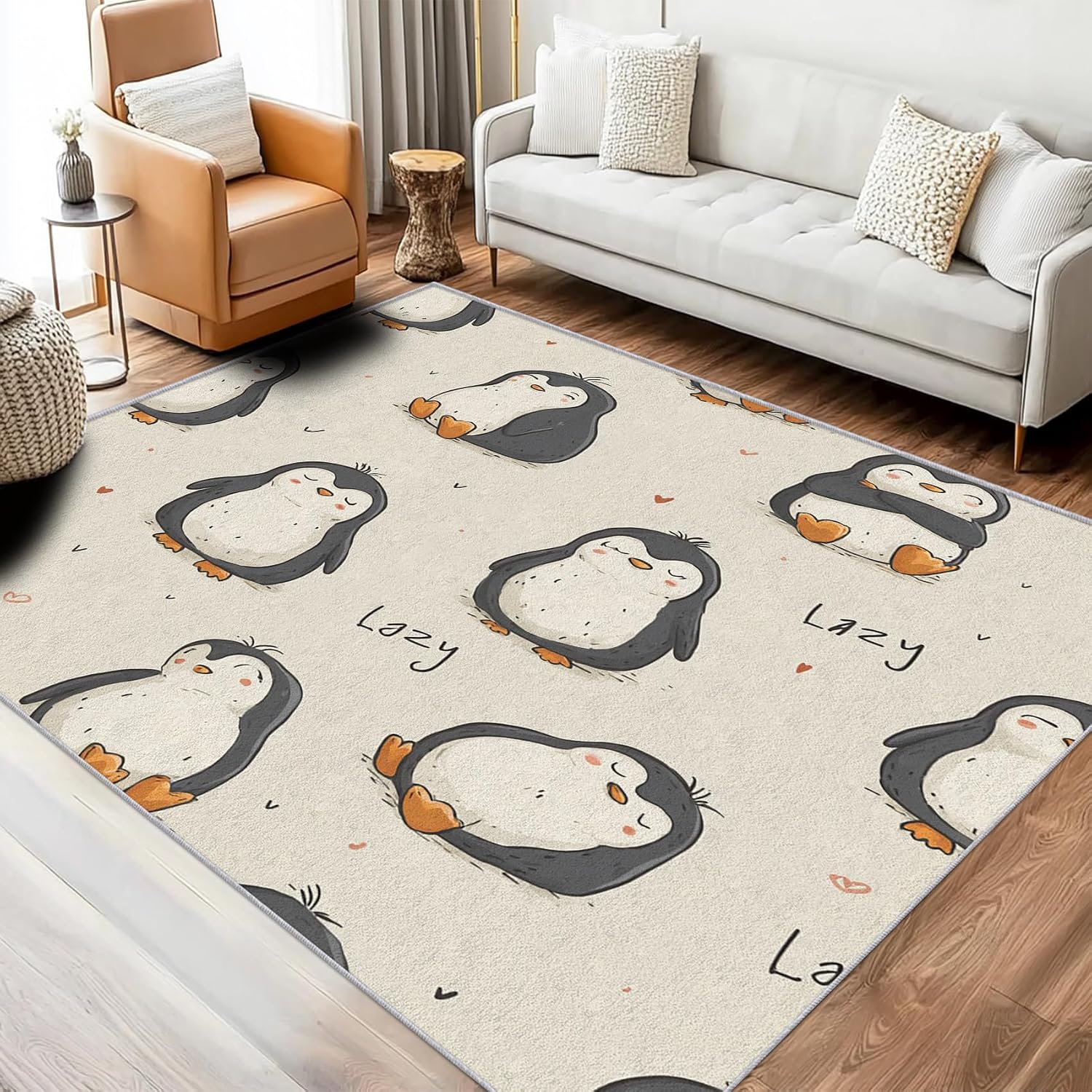 Penguin Rug 8x12 for Bedroom, Funny Cute Cartoon Animal Patterned Living Room Area Rug, Penguin Kids Boys Girls Room Decor, Washable Soft Thin Carpet with Non Slip Backing, 8 x 12 ft - Lu11442
