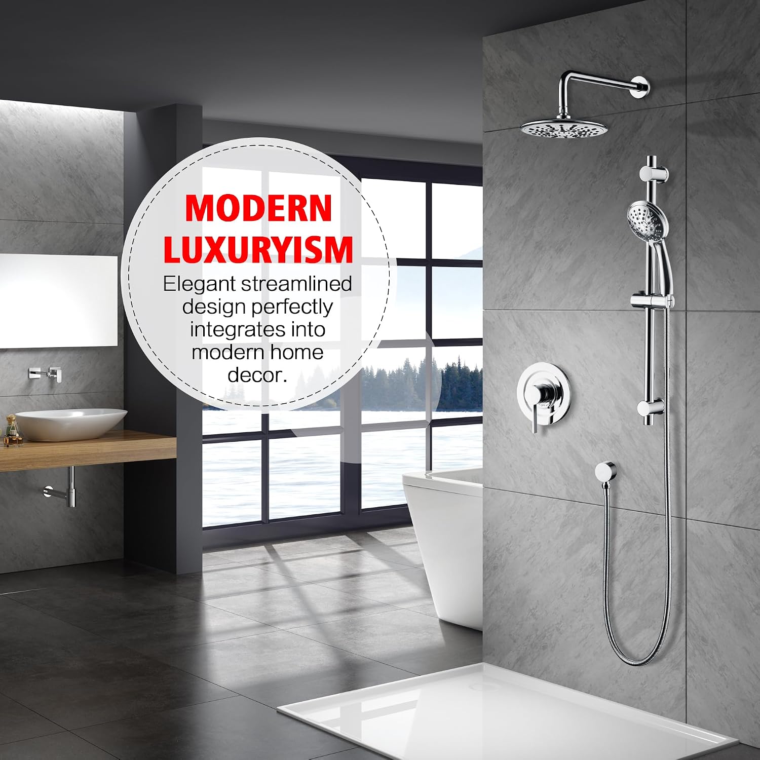 sumerain Modern Bathroom Shower System with High Pressure Rainfall Shower Head, 3-Setting Handheld Shower and Adjustable Slide Bar, Valve Included, Chrome Finish