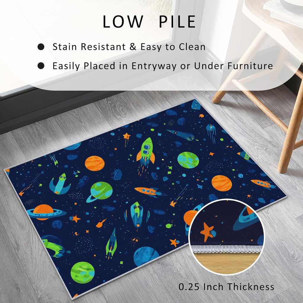 Space Rocket Rug 8x12 for Bedroom, Universe Planet Patterned Living Room Area Rug, Space Rocket Kids Boys Girls Room Decor, Washable Soft Thin Carpet with Non Slip Backing, 8 x 12 ft - Lu11680