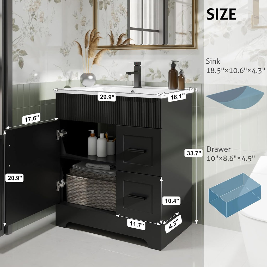 eclife 30' Bathroom Vanities Sink Combo with Painted Surface, Modern Drawered Cabinet W/Decorative Wave Lines, Undermount Single White Sink, Matte Black Faucet Drain, Black