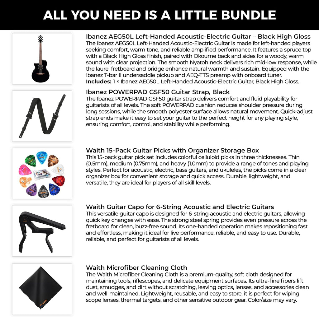 Ibanez AEG50L Left-Handed Acoustic-Electric Guitar - Black High Gloss Guitar with GSF50 Powerpad Strap, String Capo, 15 Pack Guitar Picks with Storage Box, and Microfiber Cleaning Cloth - Bundle Kit