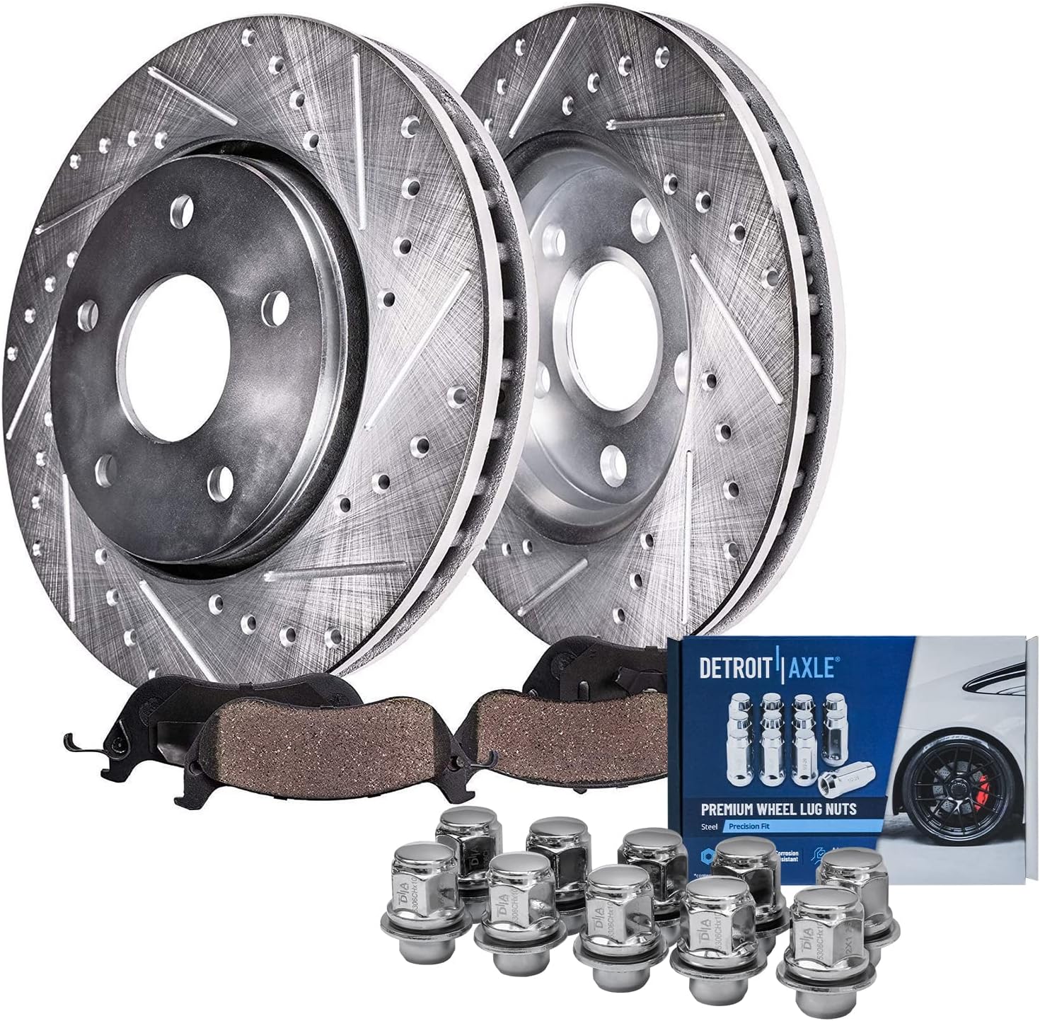 Detroit Axle - Front Drilled & Slotted Brake Rotors + Ceramic Brake Pads +10pc Wheel Lug Nuts Replacement for 2007-2013 Nissan Altima - 6pc Set