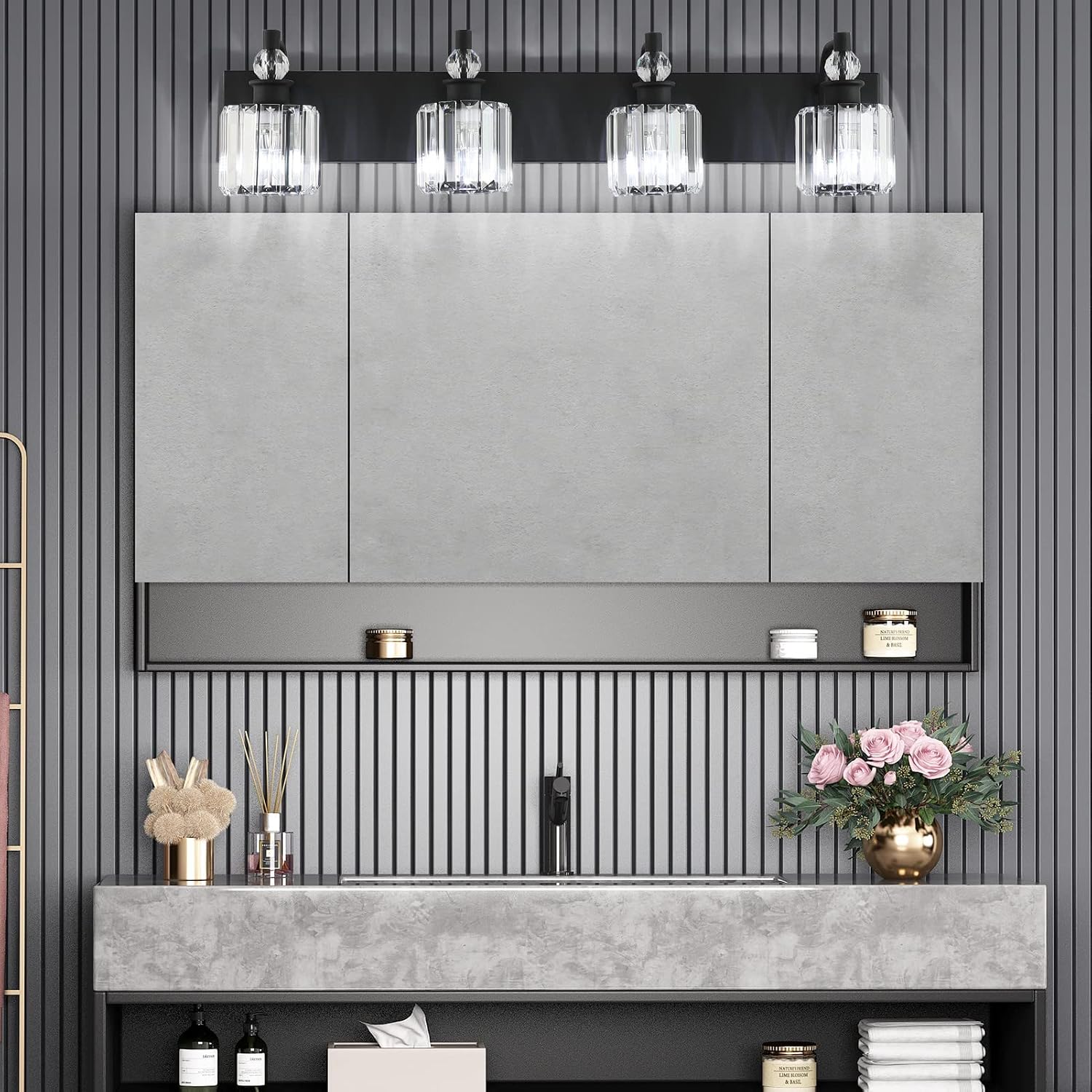 Ralbay Black Crystal Vanity Light Fixtures 4 Light Crystal Bathroom Vanity Lights Fixtures Over Mirror Modern Matte Black Bath Wall Lights