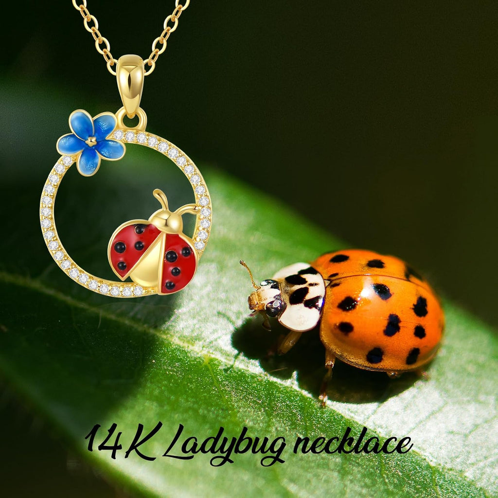 Ladybug Pendant Necklace for Women 14K Real Gold Enamel Ladybug with Flower Necklace Cute Jewelry Gift for Her in 16-18'