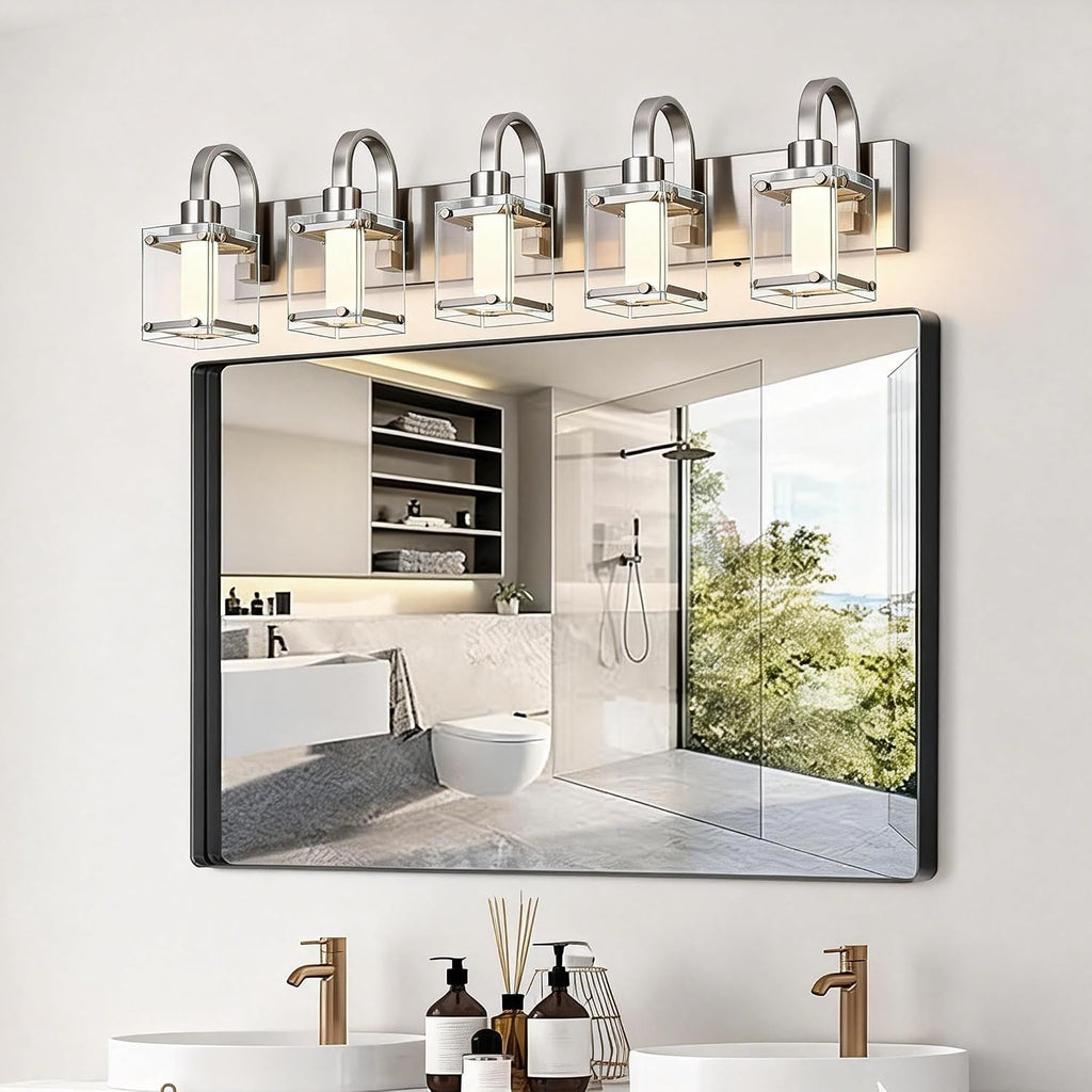 5-Light Brushed Nickel Vanity Light Fixtures, Modern LED Bathroom Wall Lights for Dressing Room, Integrated LED Chips with Frosted Column & Clear Square Glass Shades, Energy Saving Wall Sconce