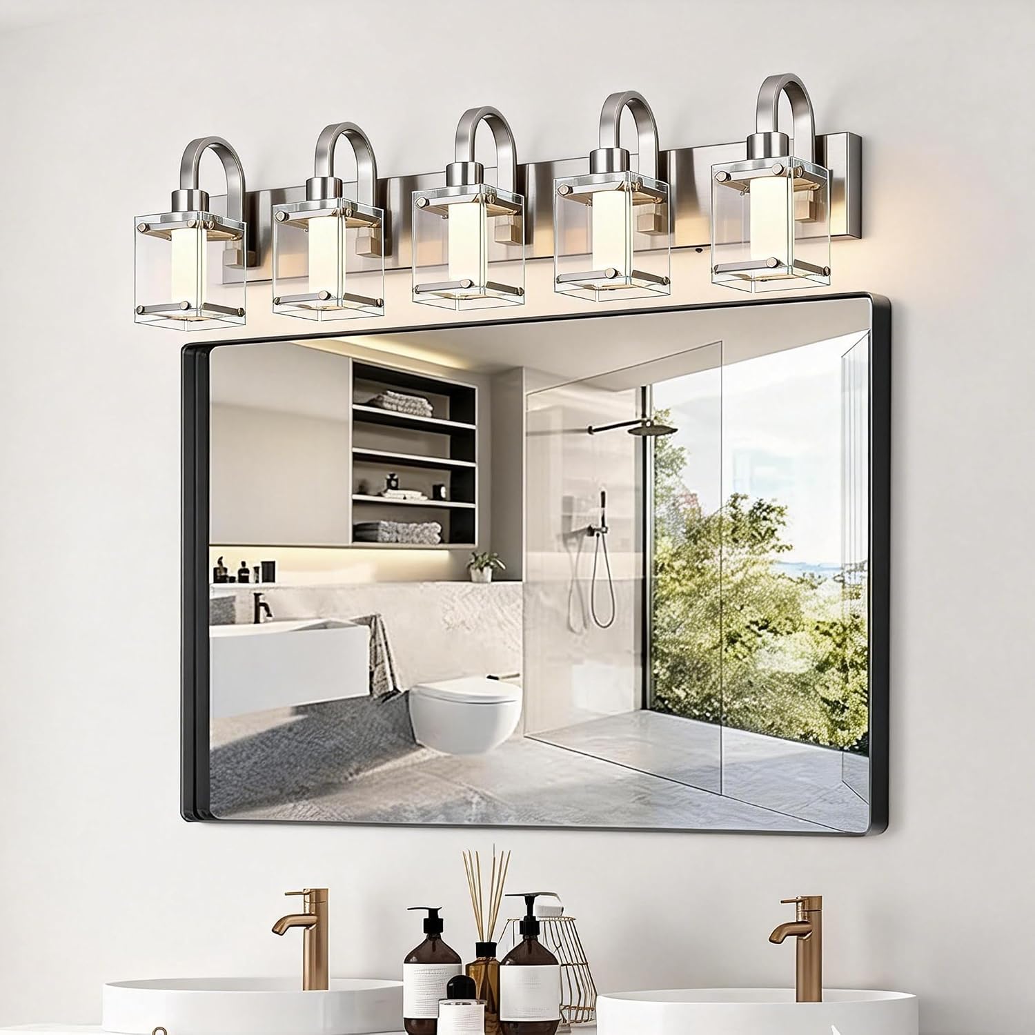 5-Light Brushed Nickel Vanity Light Fixtures, Modern LED Bathroom Wall Lights for Dressing Room, Integrated LED Chips with Frosted Column & Clear Square Glass Shades, Energy Saving Wall Sconce