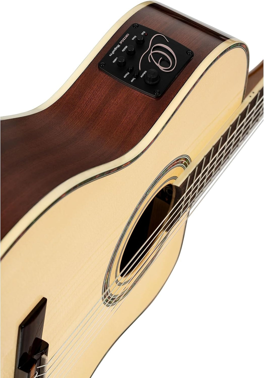 Ortega Guitars 6 String Family Series Pro Solid Top Thinline Acoustic-Electric Nylon Classical Guitar w/Bag, Right, Full (RCE145NT)