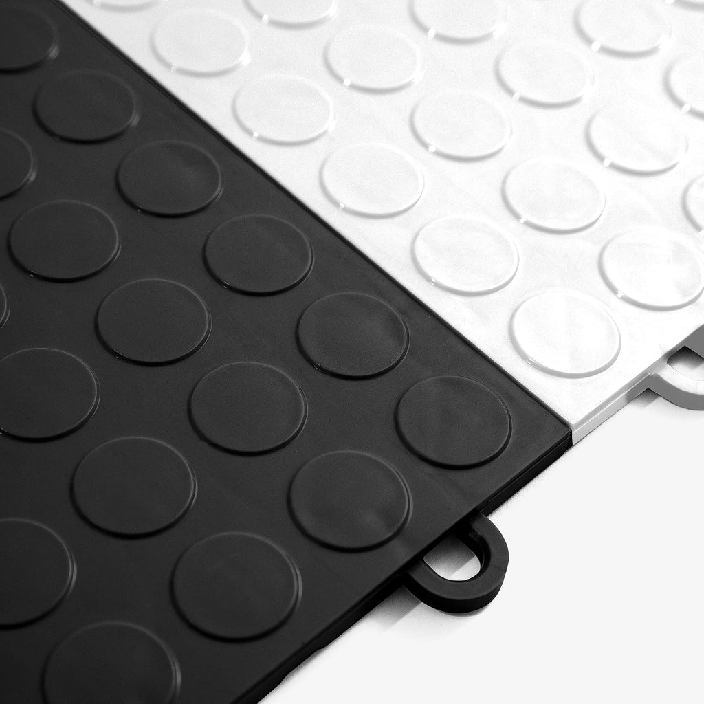 IncStores ⅜ Inch Thick Nitro Interlocking Garage Floor Tiles | Plastic Floor Tile Set for Parking, Protecting, and Displaying Motorcycles | 12'x12' Tiles, Coin, Black/Arctic White