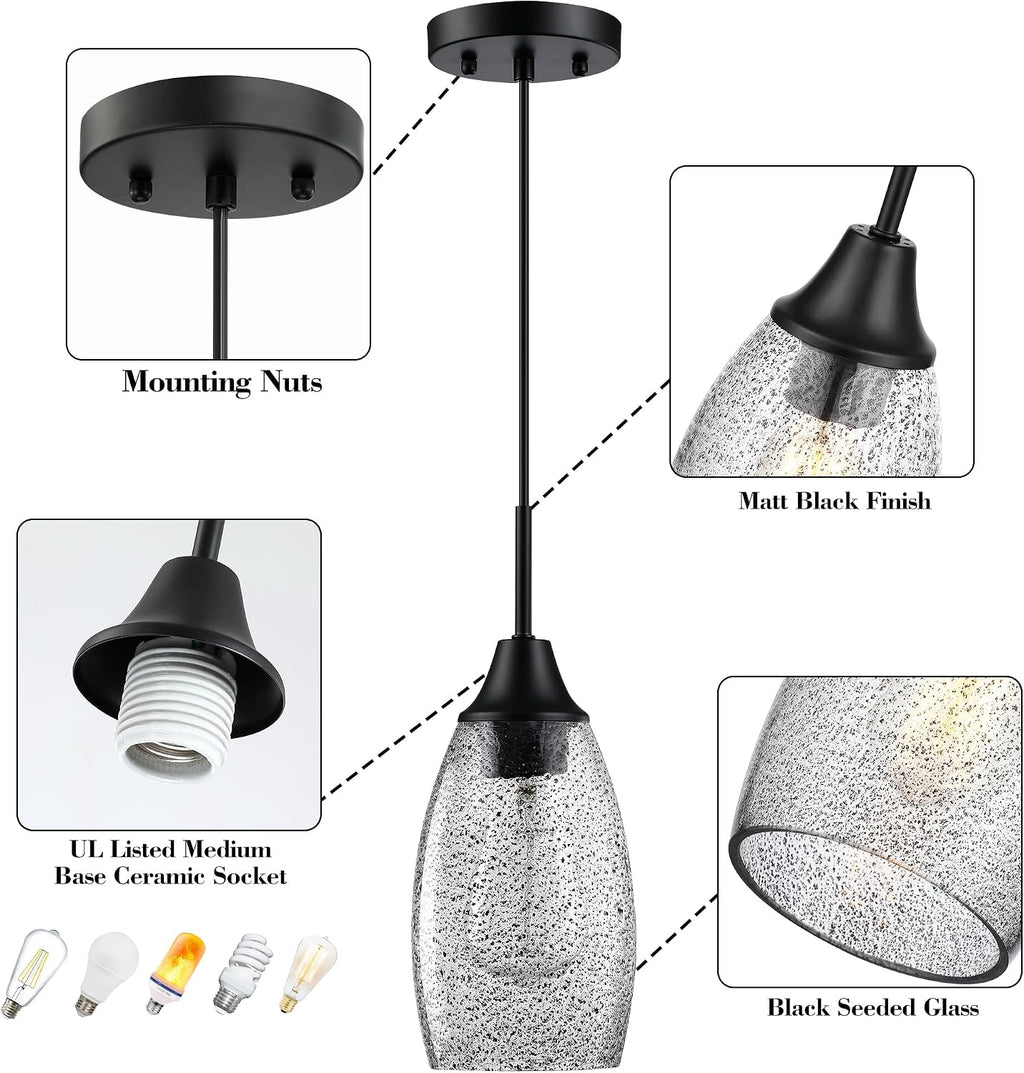 Viinew Mini Glass Pendant Light,4.72' Black Glass Hanging Light 3-Pack Handblown Clear Black Seeded Shade Adjustable Cord Ceiling Light Fixture for Kitchen Island Sink