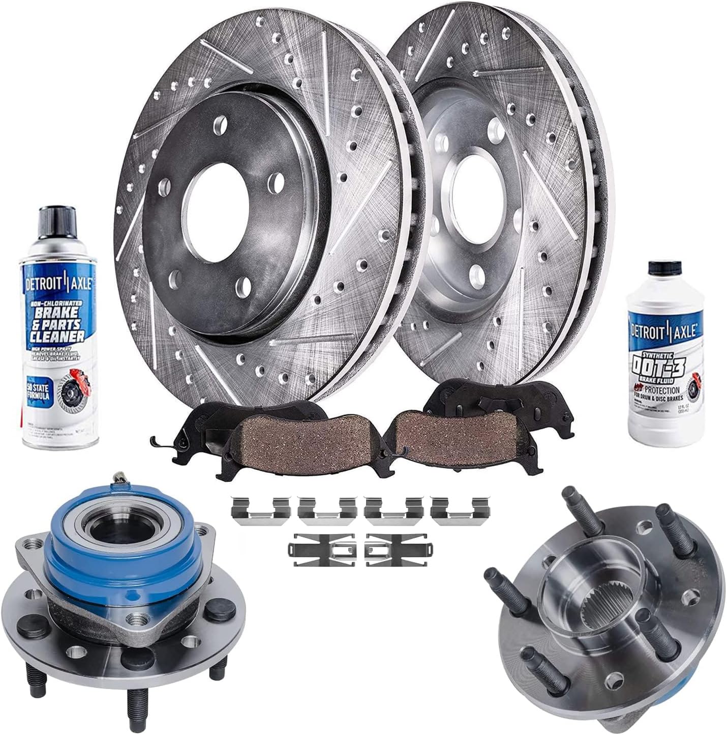 Detroit Axle - Front Brake Kit for 1997-2003 Chevy Malibu, 99-04 Olds Alero, 99-05 Pontiac Grand Am, 97-99 Cutlass Drilled & Slotted Brake Rotors Ceramic Brakes Pads Wheel Bearing Hubs Replacement
