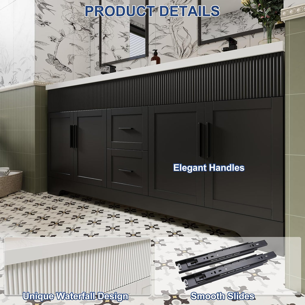 eclife 72' Bathroom Vanities Sink Combo with Painted Surface, Modern Drawered Cabinet W/Decorative Wave Lines, Undermount Double White Sink, Matte Black Faucet Drain, Black