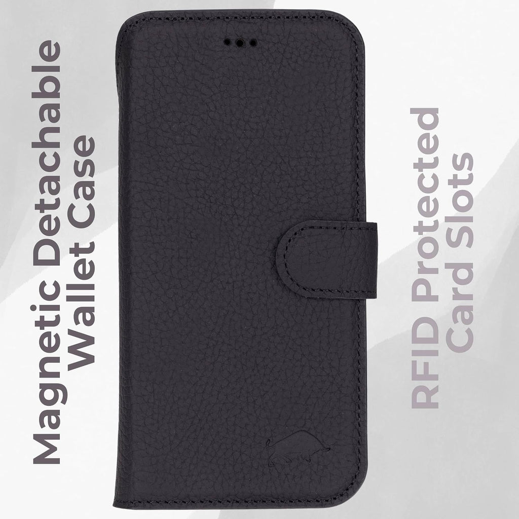 VENOULT Leather Wallet Case for iPhone 17 Pro Max, Full Grain Genuine Leather, Magnetic Detachable, 4 Card Holder, Buesiness Style, Compatible with MagSafe, RFID, Handmade (Pebble Black)