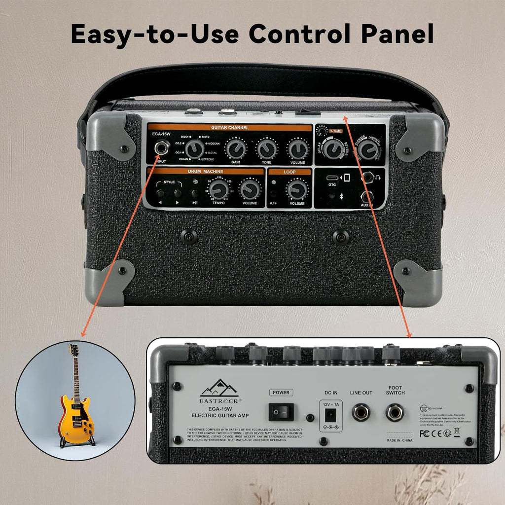 EASTROCK 15W Electric Guitar Amp, EGA-15W Portable Guitar Amplifier with Bluetooth, Built-in Looper & Drum Machine Speaker, AUX/OTG/Headphone, 8 Voices, FX Effects-Black