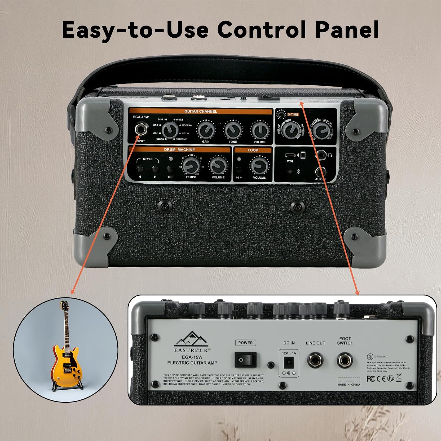 EASTROCK 15W Electric Guitar Amp, EGA-15W Portable Guitar Amplifier with Bluetooth, Built-in Looper & Drum Machine Speaker, AUX/OTG/Headphone, 8 Voices, FX Effects-Black
