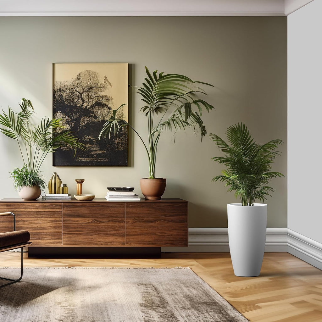 Kante 23.6' H Pure White Concrete Tall Planters (Set of 2), Large Outdoor Indoor Decorative Plant Pots with Drainage Hole and Rubber Plug, Modern Style for Home and Garden