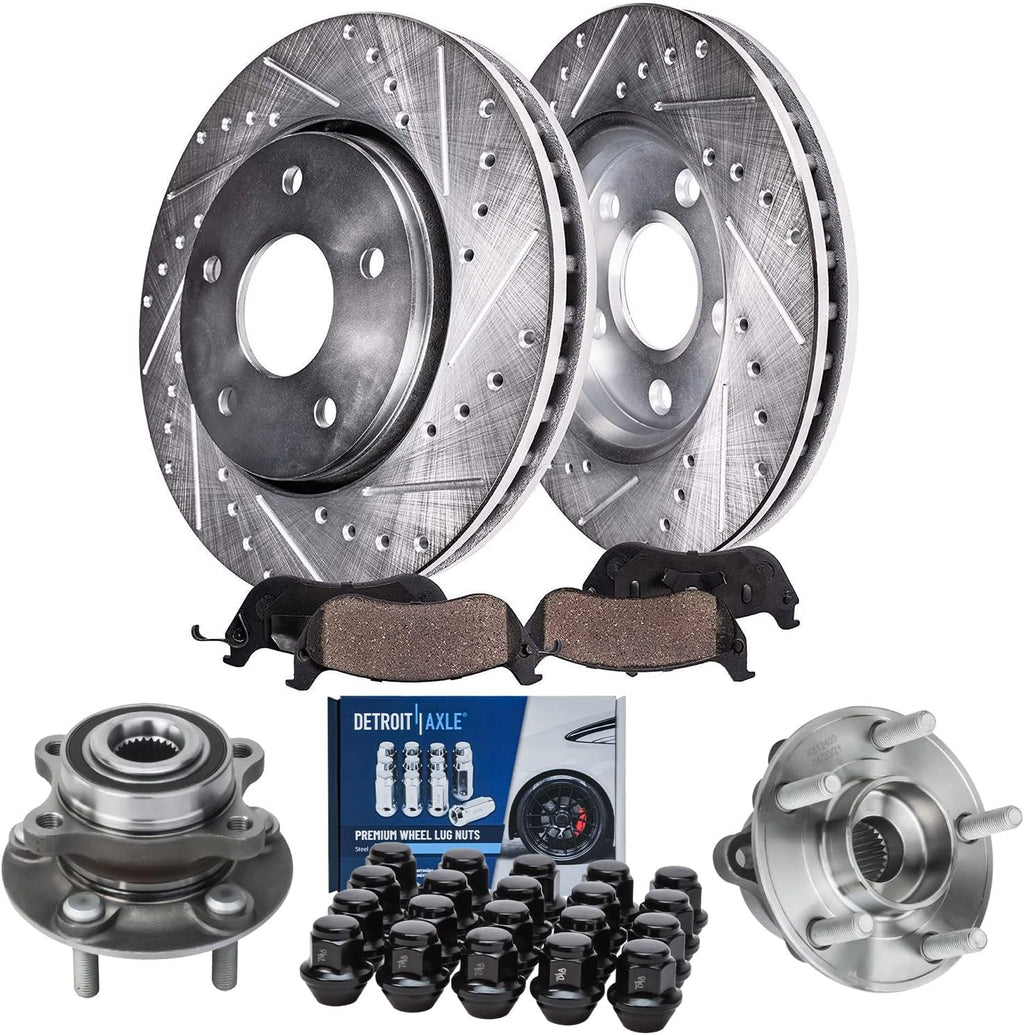 Detroit Axle - Front Brake Kit for 2013-2020 Ford Fusion, 2013-2016 Lincoln MKZ, 11.81'' inch Drilled & Slotted Brake Rotors Ceramic Brake Pads Wheel Bearing & Hubs Wheel Lug Nuts Replacement