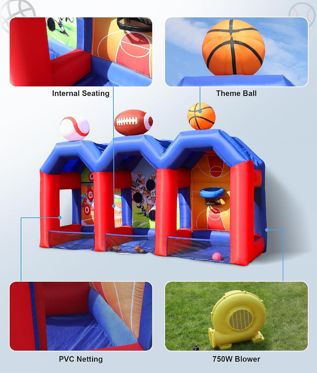 Inflatable Carnival Games with 12 Balls - Baseball, Football & Basketball Toss Throwing Target with 750W Blower, Easy Setup for Indoor/Outdoor Commercial, Birthday Parties, and Lawn Interactive Game