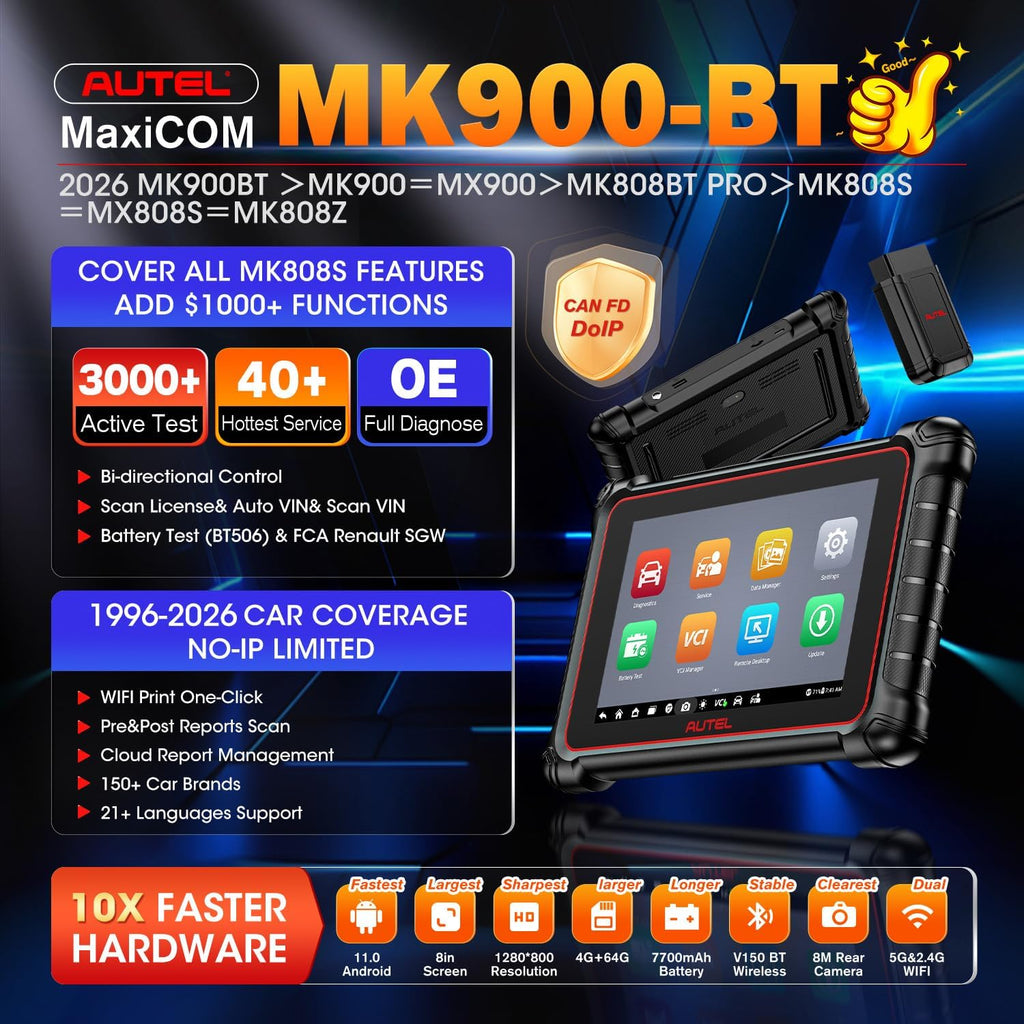 Autel Scanner MaxiCOM MK900BT, 2026 MK900-BT V2.0 Bidirectional Diagnostic Tool, 8in Up of MK900 MX900 MK808S MK808BT MX808S MK808Z, 3000+ Active Tests, 40+ Service, CAN-FD&DOIP, All System, FCA 11 OS