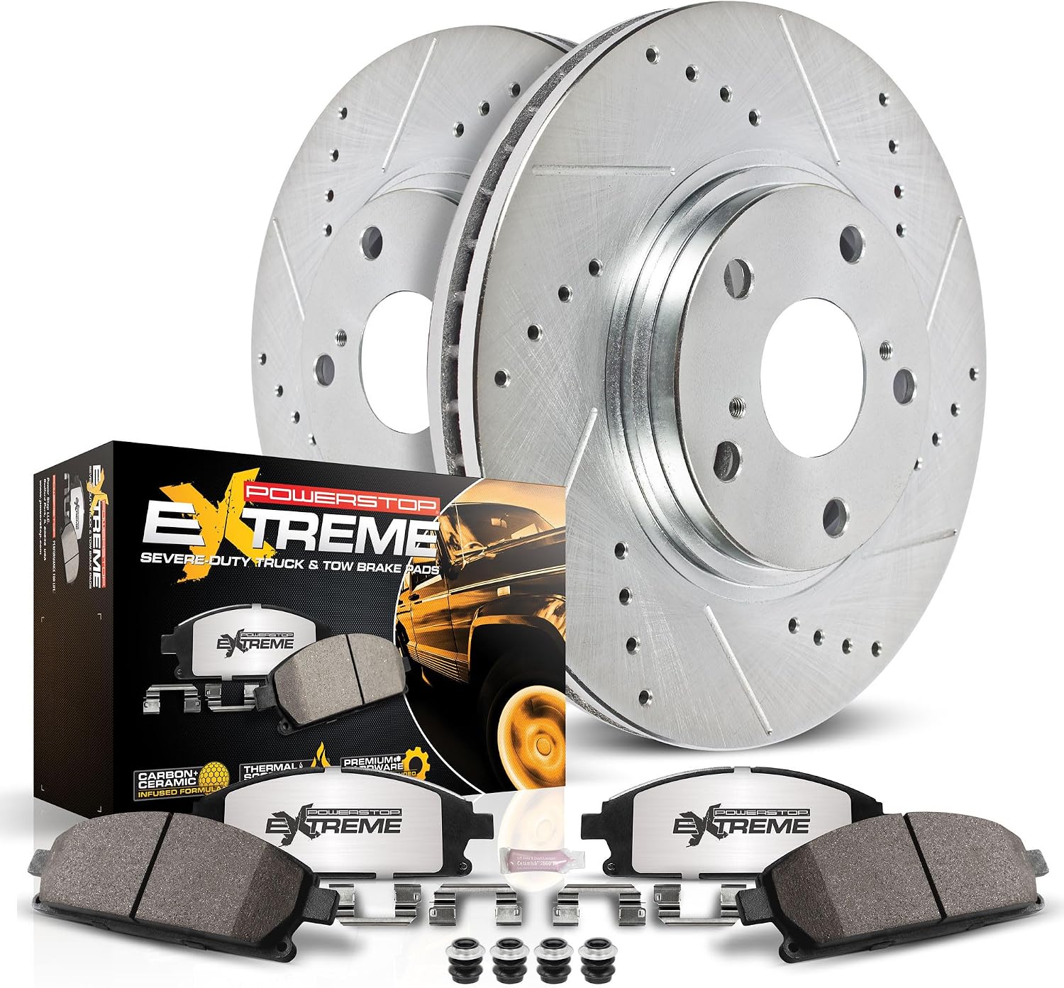 PowerStop Rear Brake Kit For Chevrolet Tahoe 2015-20 |Silverado 1500 2014-18 |Suburban 2015-20 - Truck & Tow Carbon Fiber Ceramic Brake Pads + Drilled & Slotted Rotors Upgrade, K6562-36