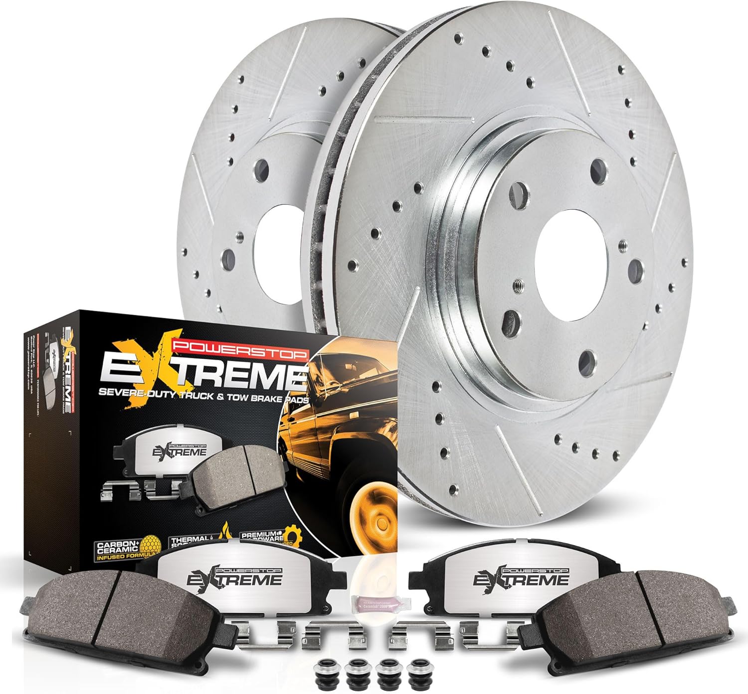 PowerStop Rear Brake Kit For Infiniti QX56 2004-10 |Nissan Armada 2005-15 |TITAN 2004-15 - Truck & Tow Carbon Fiber Ceramic Brake Pads + Drilled & Slotted Rotors Upgrade, K2445-36