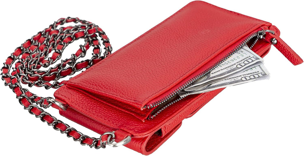 Crossbody Women Wallet fits iPhone 16 Pro MAX / 17 Pro MAX and All Mobile Devices up to 6.9' - Zippered Women Purse, Shoulder Bag with Card Holder, Pocket & Chain Strap, Trendy (Strawberry)