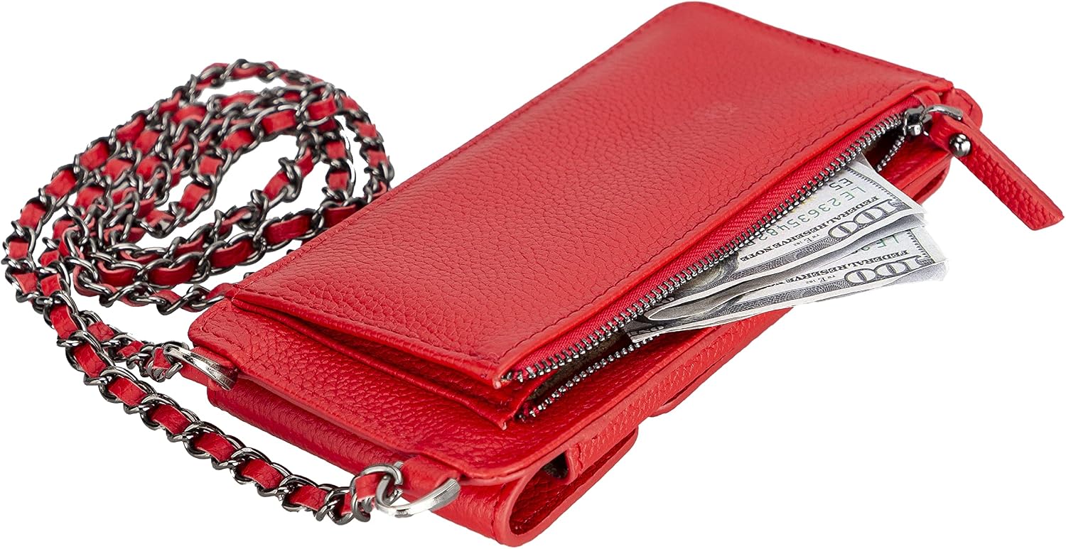 Crossbody Women Wallet fits iPhone 16 Pro MAX / 17 Pro MAX and All Mobile Devices up to 6.9' - Zippered Women Purse, Shoulder Bag with Card Holder, Pocket & Chain Strap, Trendy (Strawberry)