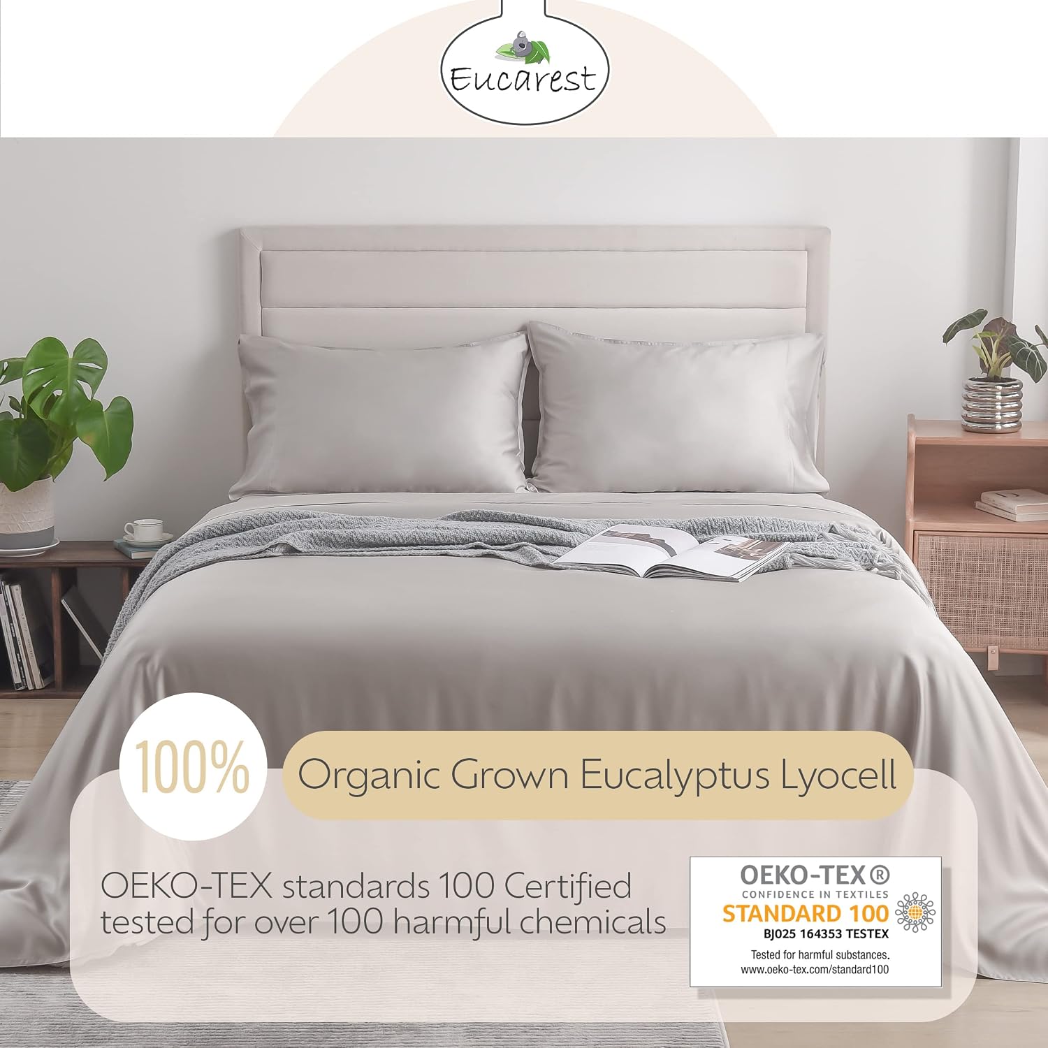 Eucalyptus Lyocell Bed Sheets, Hypoallergenic 100% Organic Tencel, Thermal Regulating and Moisture Wicking for Hot Sleepers, Superior Thread Quality, Extra Deep Pockets Queen Size - Gray