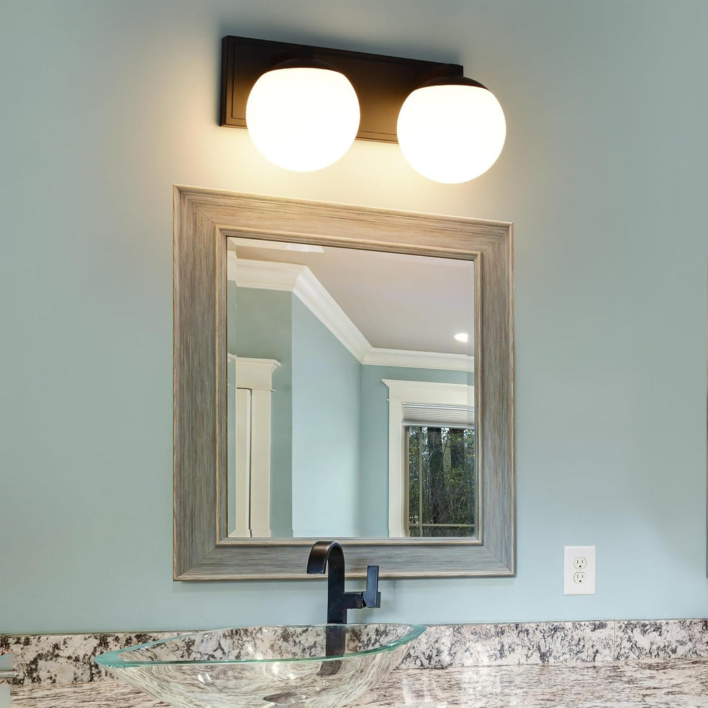 Black Bathroom Vanity Light Fixtures, 2-Light Globe Bathroom Lighting Fixtures Over Mirror, Modern Wall Lights for Living Room, Long Backplate, Standard E26 Base, Textured Black