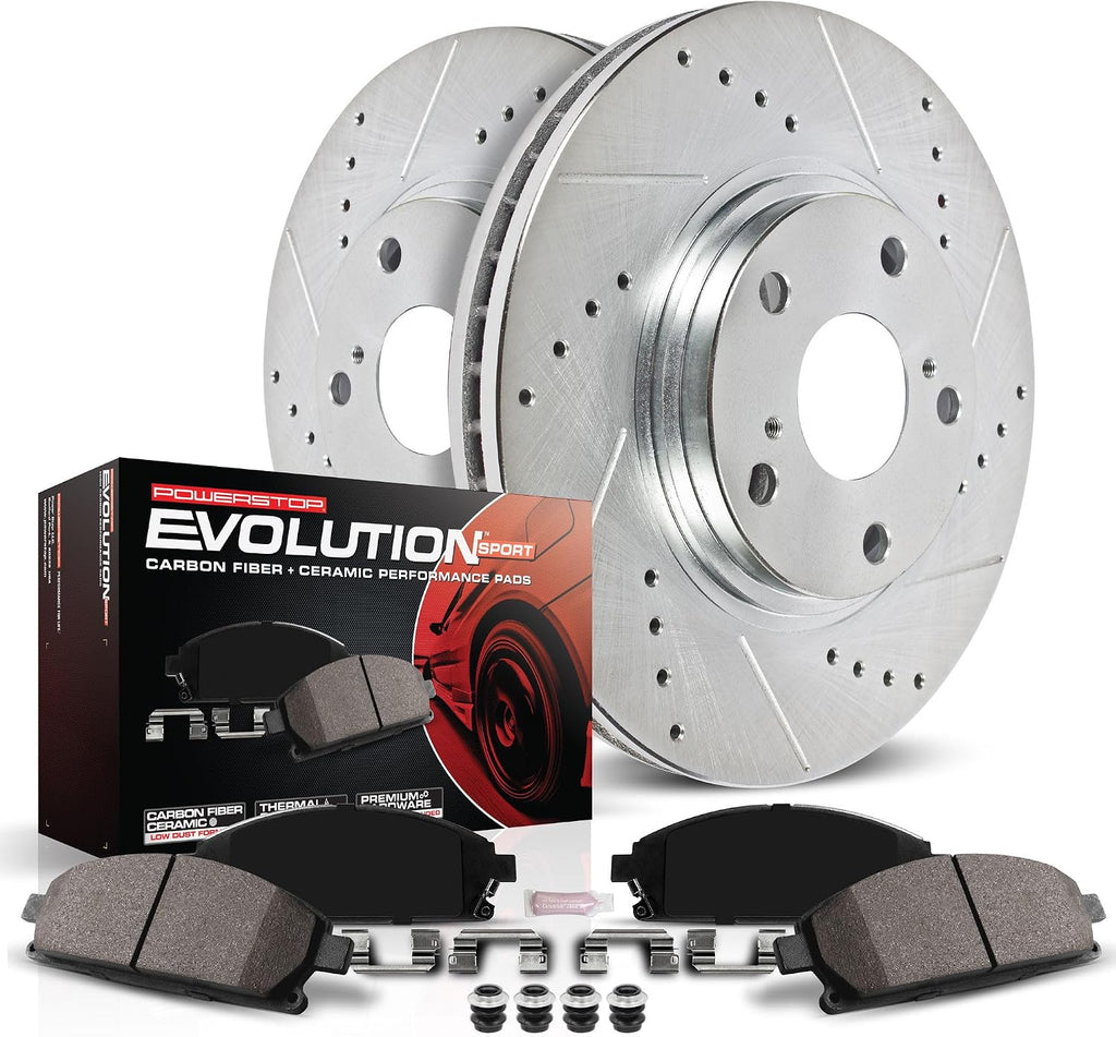 PowerStop Front Brake Kit for Acura TLX 2015-20 - Drilled and Slotted Disc Rotors with Carbon-Fiber Ceramic Brake Pads Replacement, K7214