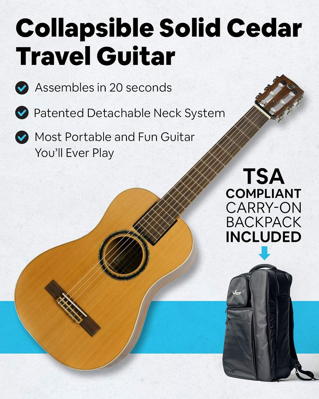 Journey Instruments Solid Cedar Classical Travel Guitar – OC520 Traveling Acoustic-Electric Guitar with Collapsible Patented System + Acoustic Guitar Strings - JPBM-12 Phosphor Bronze Nano Coated