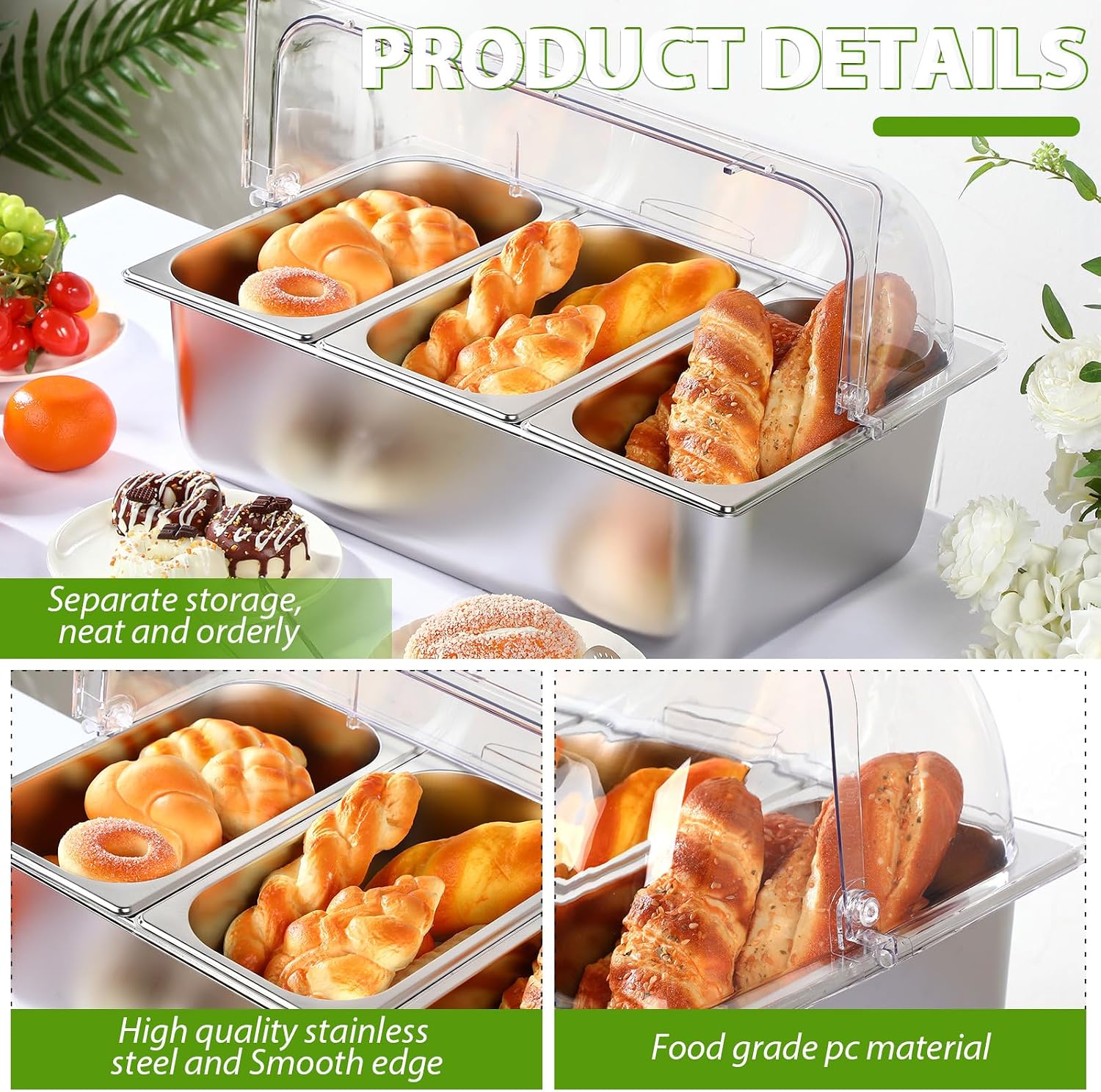Ziliny 2 Pack Countertop Food Serving Display Container Stainless Steel Food Serving Tray Buffet Condiment Dispenser Display Rack with Clear Roll Top Cover for Buffet (3 Pan and 3 Pan)