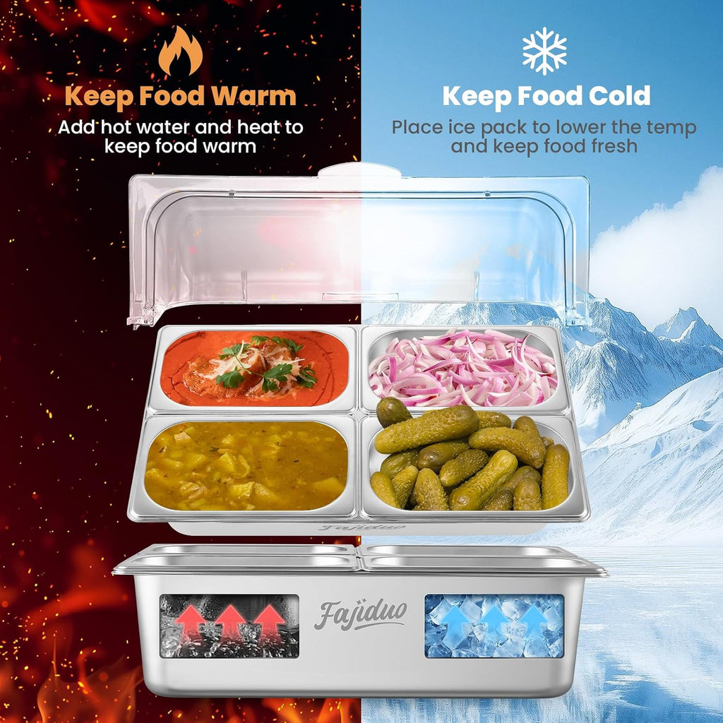 Countertop Ice Food Serving Display Container, Spice Display Salad Dressing Cooler, Stainless Steel Food Serving Tray Buffet Condiment Dispenser with Clear Roll Top Cover, Clamps, Spoons, Ice Packs