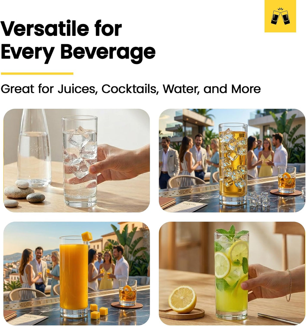 LEMONSODA Highball Glasses 12oz Set of 48 | Lead-Free Glass Durable Weighted Base | Dishwasher Safe Cocktail Glassware for Mojito Whiskey Iced Tea Water | Gift Box Included Modern Design