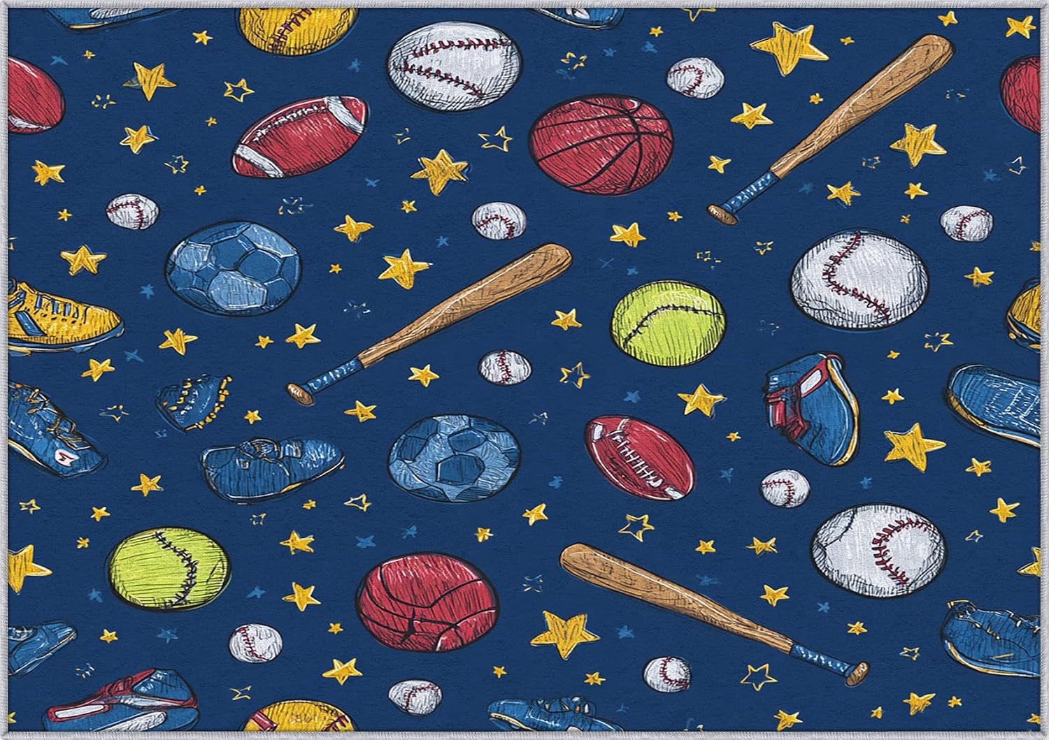 Sports Ball Rug 8x12 for Bedroom, Soccer Basketball Patterned Living Room Area Rug, Sports Ball Kids Boys Girls Room Decor, Washable Soft Thin Carpet with Non Slip Backing, 8 x 12 ft - Lu11428