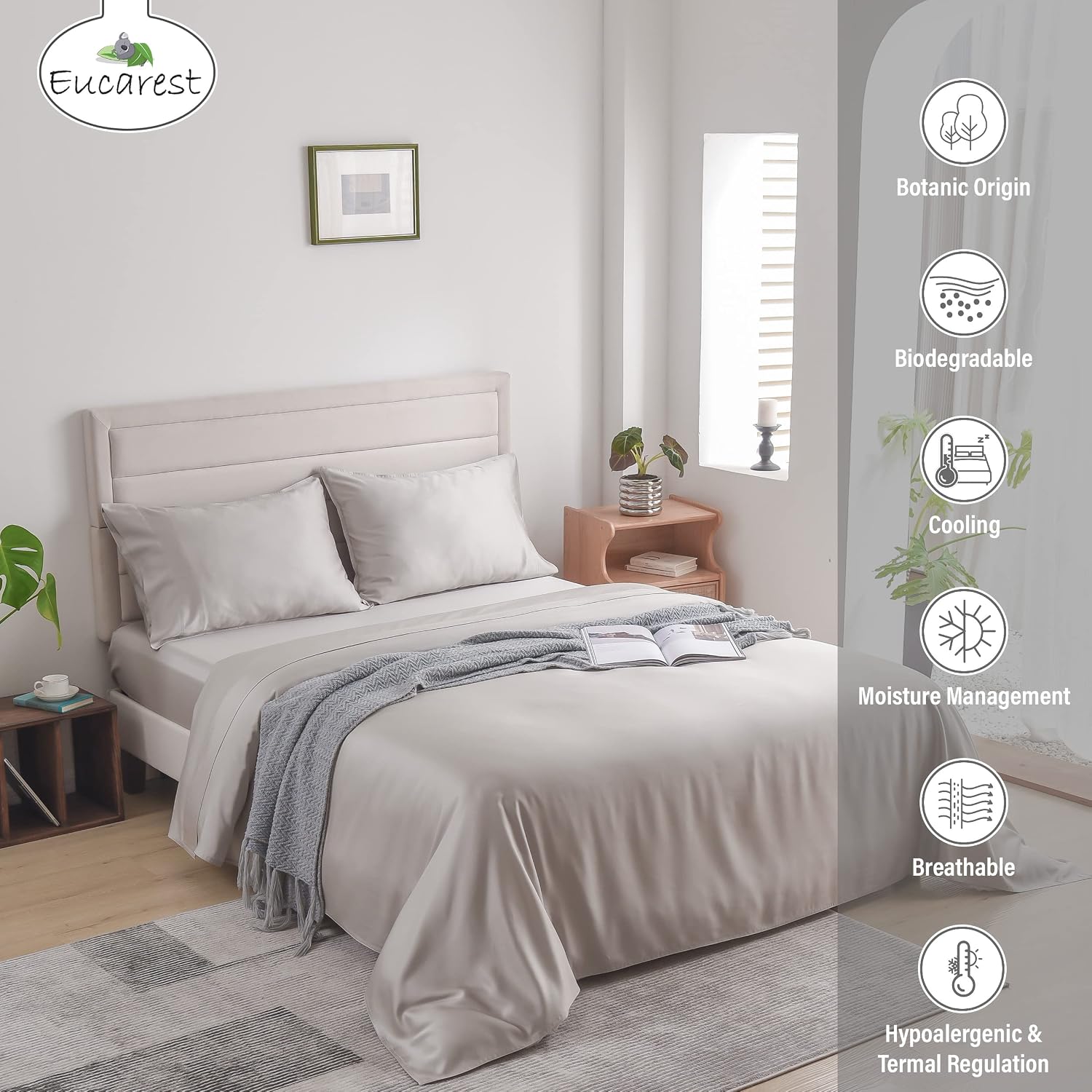 Eucalyptus Lyocell Bed Sheets, Hypoallergenic 100% Organic Tencel, Thermal Regulating and Moisture Wicking for Hot Sleepers, Superior Thread Quality, Extra Deep Pockets Queen Size - Gray