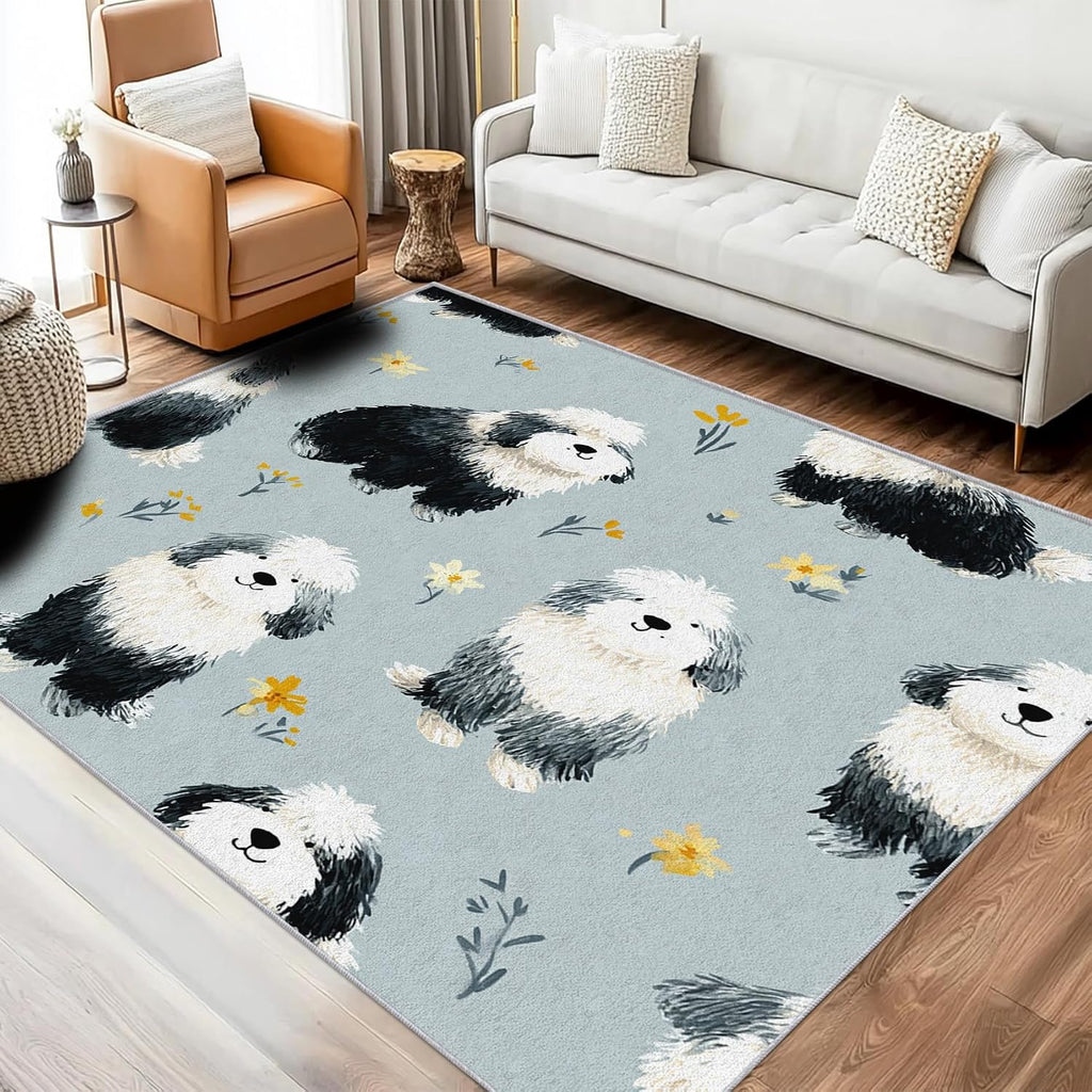 Cute Dog Rug 8x12 for Bedroom, Cartoon Pet Puppy Patterned Living Room Area Rug, Cute Dog Kids Boys Girls Room Decor, Washable Soft Thin Carpet with Non Slip Backing, 8 x 12 ft - Lu11344