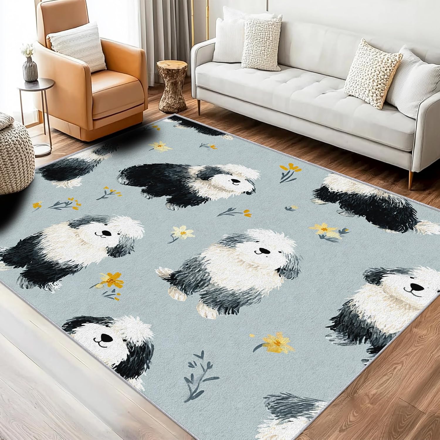 Cute Dog Rug 8x12 for Bedroom, Cartoon Pet Puppy Patterned Living Room Area Rug, Cute Dog Kids Boys Girls Room Decor, Washable Soft Thin Carpet with Non Slip Backing, 8 x 12 ft - Lu11344